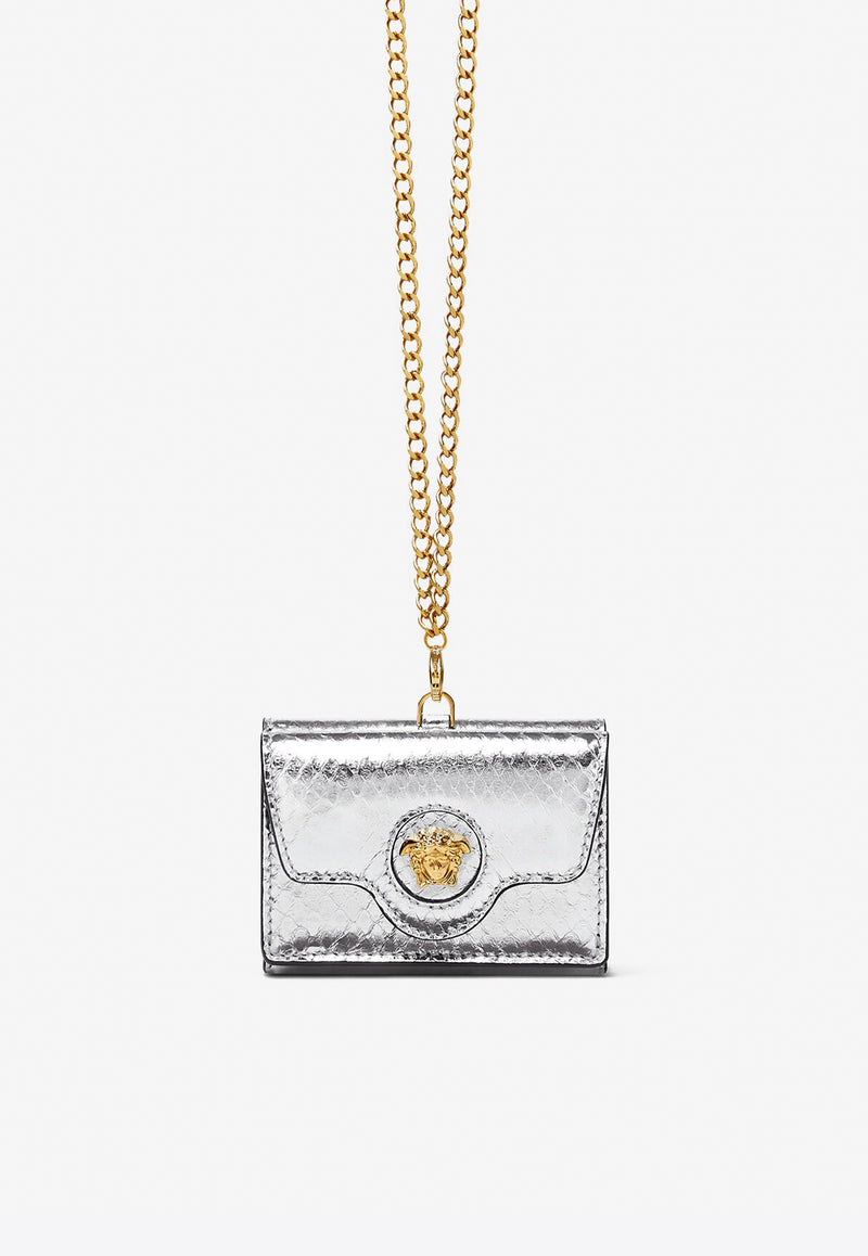 Versace La Medusa Trifold Chain Wallet in Python-Embossed Leather Silver 1003085 1A04290 1E01V