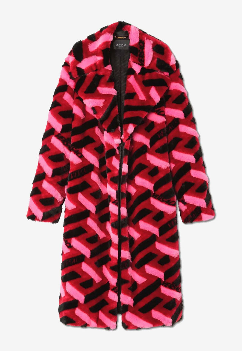 Versace La Greca Faux Fur Below-The-Knee Coat Red 1007573 1A05193 2R660