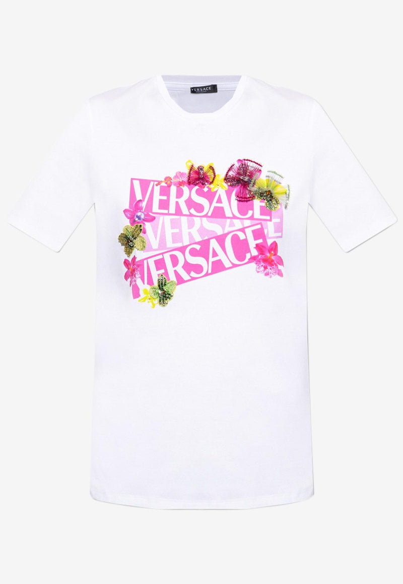 Versace Logo Floral Appliqué T-shirt 1009082 1A06528 1W000 White