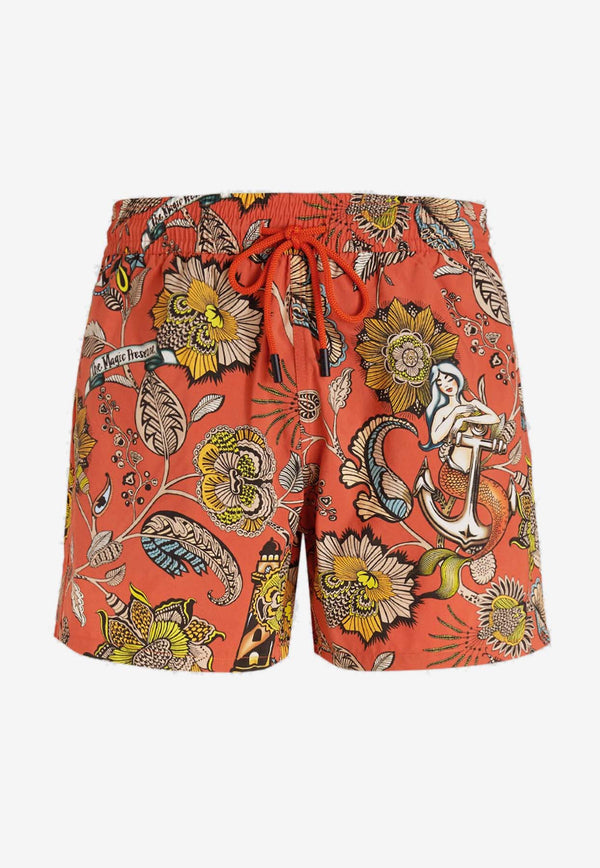 Etro Tattoo Print Swim Shorts Orange 1B350-5603 0750