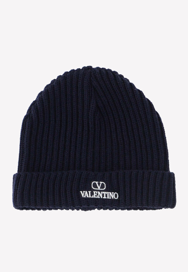 Valentino Logo Embroidered Wool Beanie Blue 1Y2HB01DFDK 598