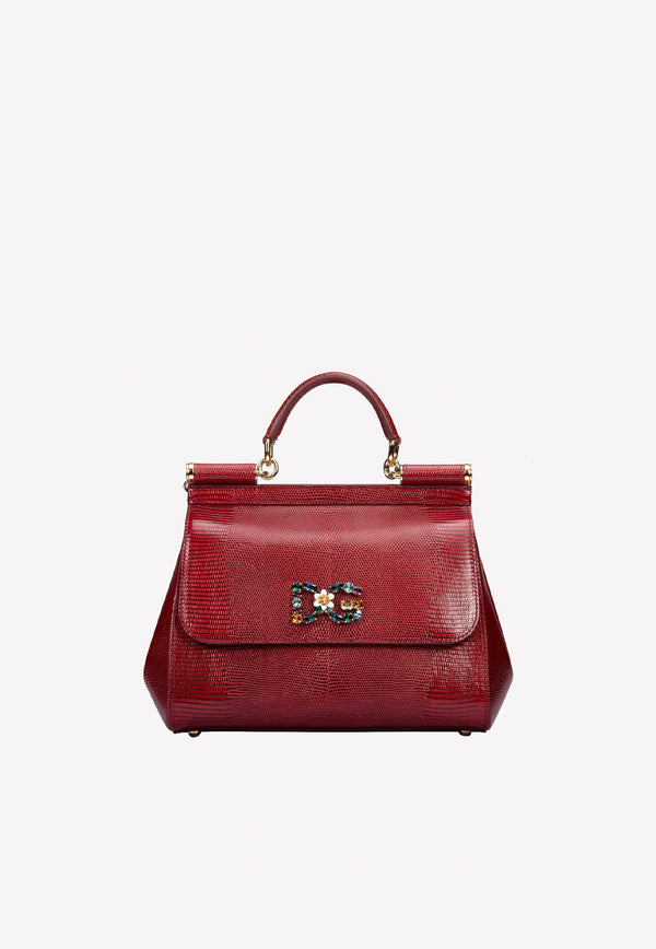 Dolce 
Gabbana Medium Sicily Leather Top Handle Bag with DG Crystal Logo Red BB6002 AI742 87515