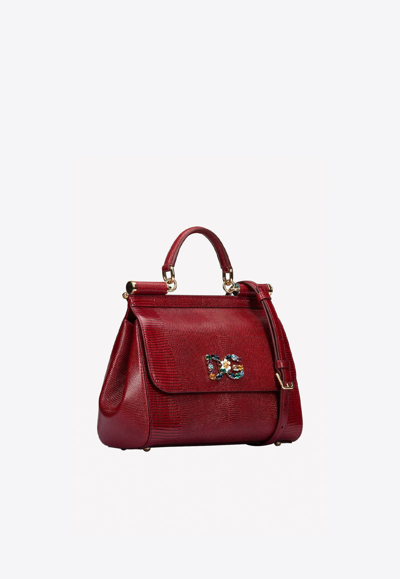 Dolce 
Gabbana Medium Sicily Leather Top Handle Bag with DG Crystal Logo Red BB6002 AI742 87515