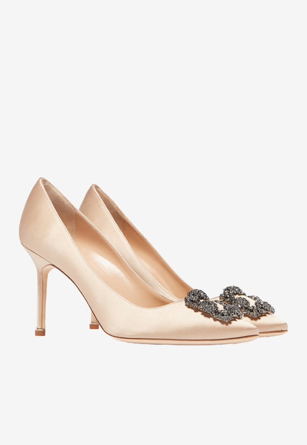 Manolo Blahnik Hangisi 90 Satin Pumps with FMC Crystal Buckle HANGISI FMC 90 NUDE 2601 0663-0042