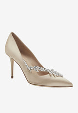 Manolo Blahnik Nadira 90 Satin Crystal Leaf Embellished Pumps NADIRA 90 NUDE 2601 0367-0031