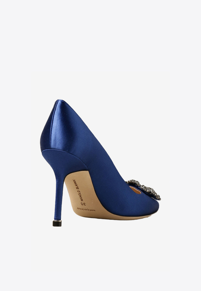 Manolo Blahnik Hangisi 90 Satin Pumps with FMC Crystal Buckle HANGISI FMC 90 BLUE 4326 0663-0048