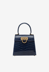 Salvatore Ferragamo Small Gancini Top Handle Bag in Croc-Embossed Leather Navy 212270 709932 BLUE/BEIGE