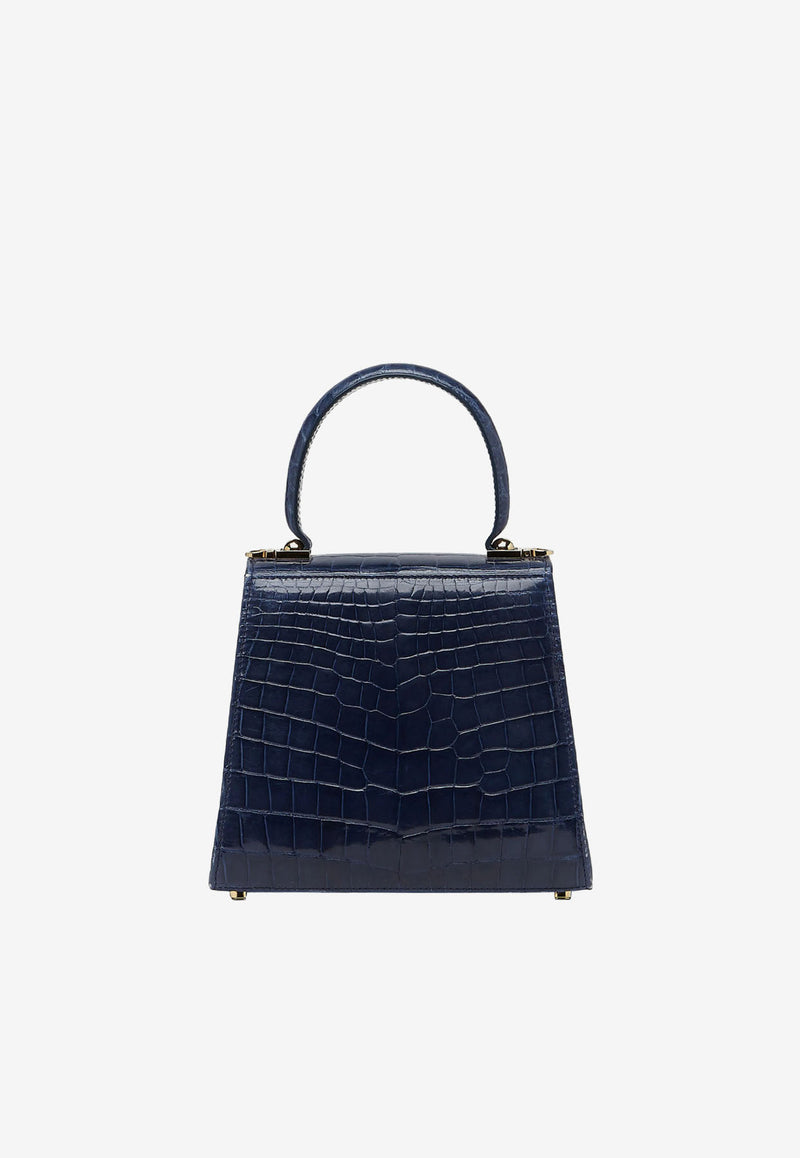 Salvatore Ferragamo Small Gancini Top Handle Bag in Croc-Embossed Leather Navy 212270 709932 BLUE/BEIGE