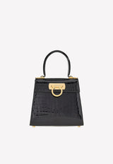 Salvatore Ferragamo Gancini Top Handle Bag in Croc Leather Black 212270 748468 NERO