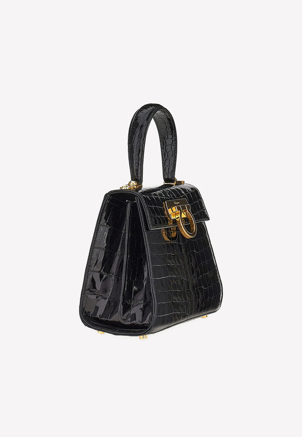 Salvatore Ferragamo Gancini Top Handle Bag in Croc Leather Black 212270 748468 NERO