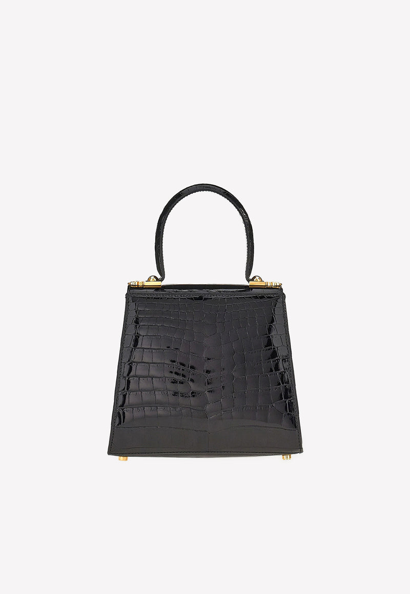 Salvatore Ferragamo Gancini Top Handle Bag in Croc Leather Black 212270 748468 NERO