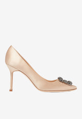 Manolo Blahnik Hangisi 90 Satin Pumps with FMC Crystal Buckle HANGISI FMC 90 NUDE 2601 0663-0042