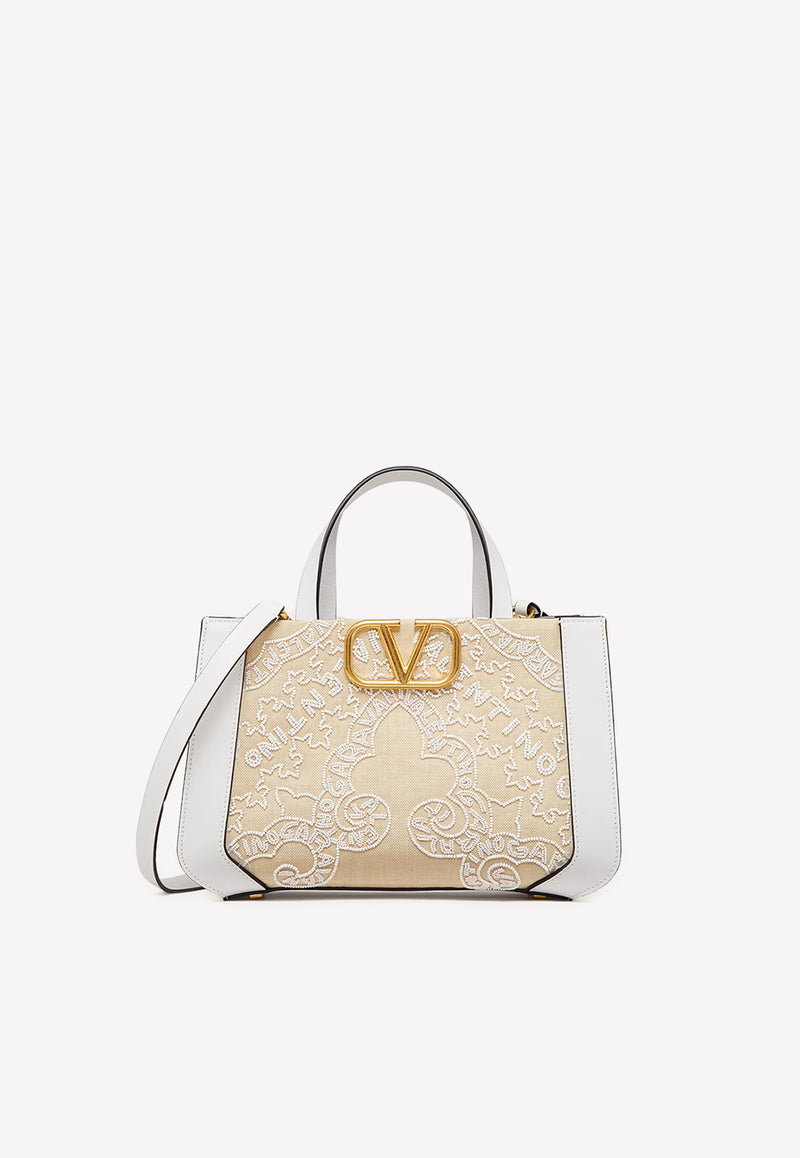 Valentino Small VLogo Beaded Tote Bag White 2W2B0K96KAJ 7AA