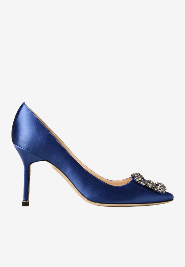 Manolo Blahnik Hangisi 90 Satin Pumps with FMC Crystal Buckle HANGISI FMC 90 BLUE 4326 0663-0048