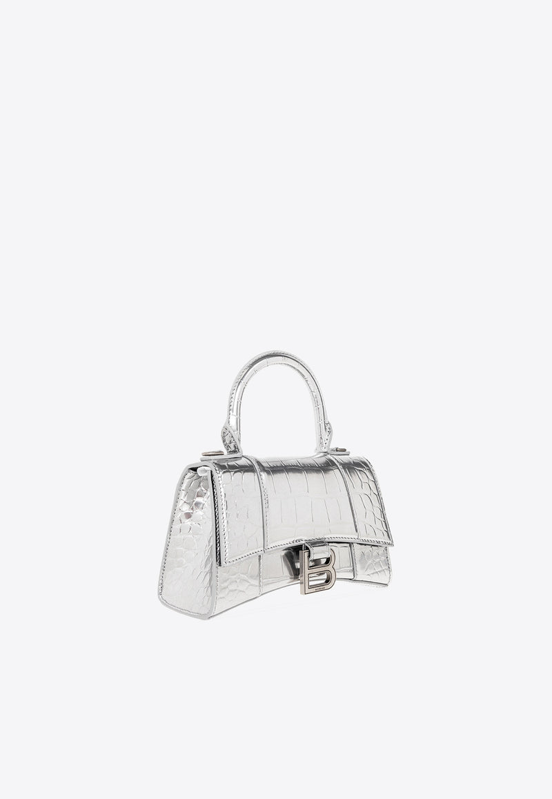 Balenciaga Hourglass XS Top Handle Bag in Croc Embossed Metallic Leather 592833 1S4CY-8110 Silver