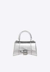 Balenciaga Hourglass XS Top Handle Bag in Croc Embossed Metallic Leather 592833 1S4CY-8110 Silver