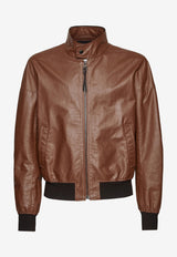 Salvatore Ferragamo Zip-Up Leather Bomber Jacket Brown 140664 B 746061 BIG SUR SOIL