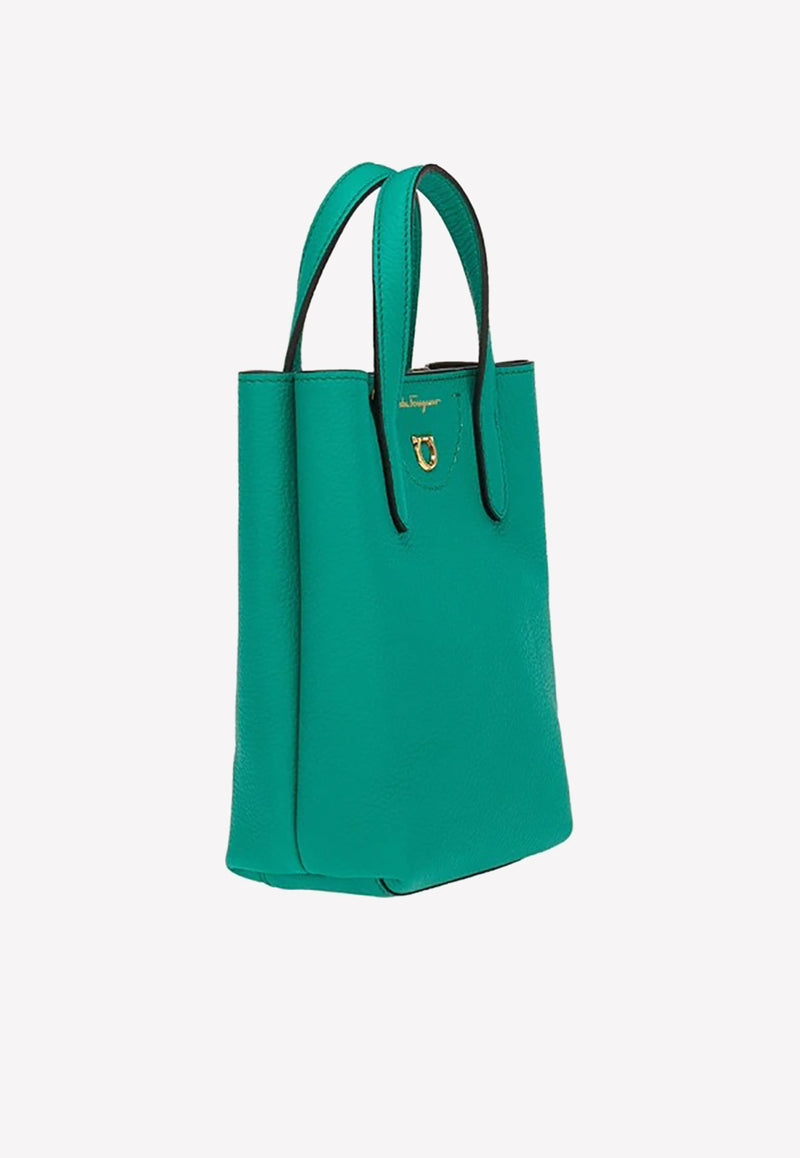 Salvatore Ferragamo Mini Gancini Tote Bag in Hammered Leather Emerald 212964 TRAVEL M BAG 758947 EMERALD