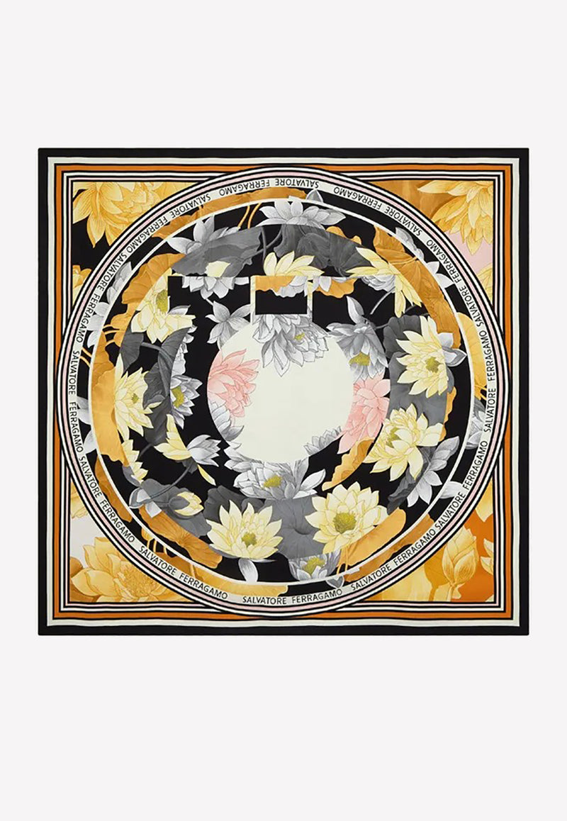 Salvatore Ferragamo Ninfee Print Silk Scarf Multicolor 310127 FO NINFEE 759510 NERO/ORO