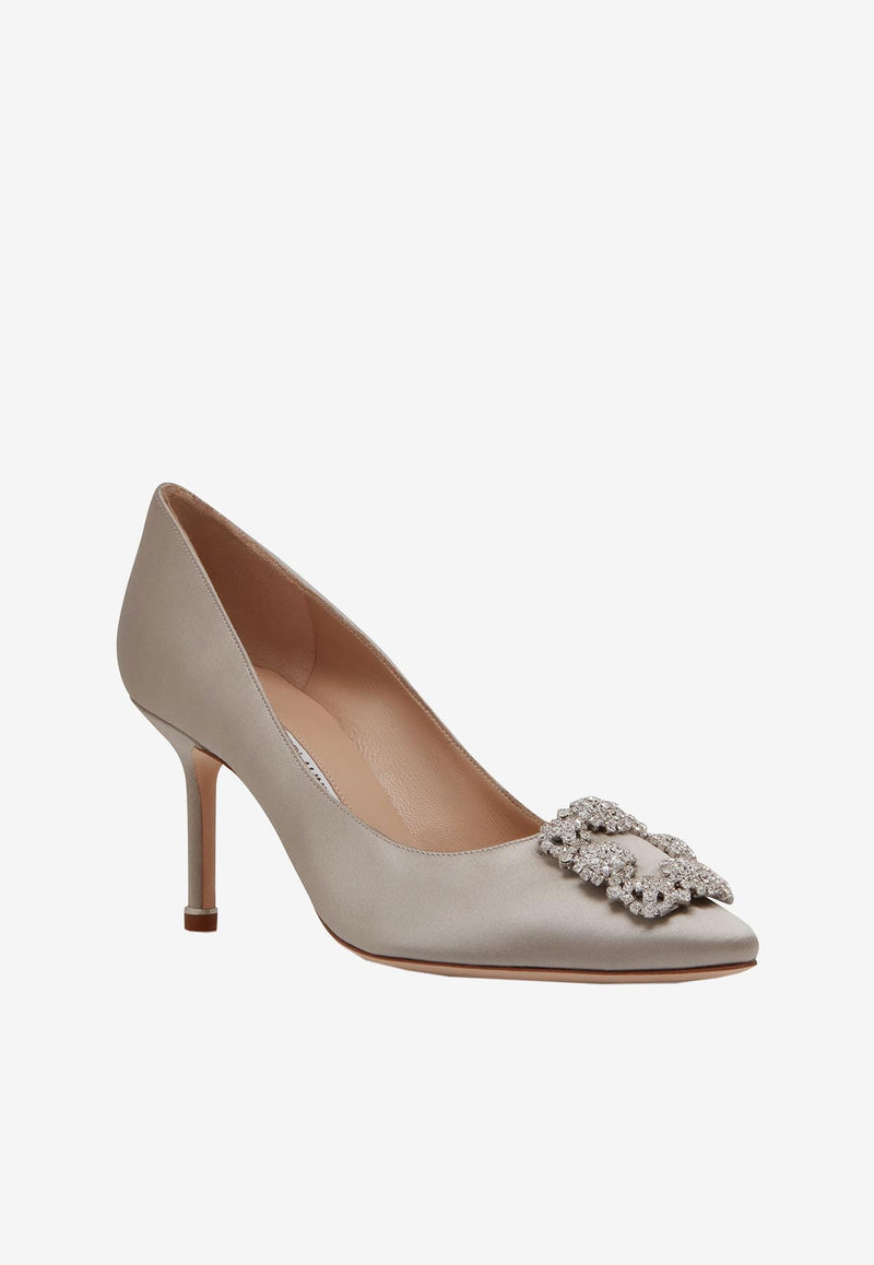 Manolo Blahnik Hangisi 70 Crystal Buckle Satin Pumps 9XX-0316PALE GREY