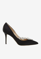 Manolo Blahnik Nadira 90 Satin Pumps with Crystal Leaf Embellishment 9XX-0367BLACK