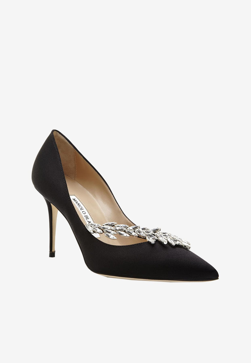 Manolo Blahnik Nadira 90 Satin Pumps with Crystal Leaf Embellishment 9XX-0367BLACK