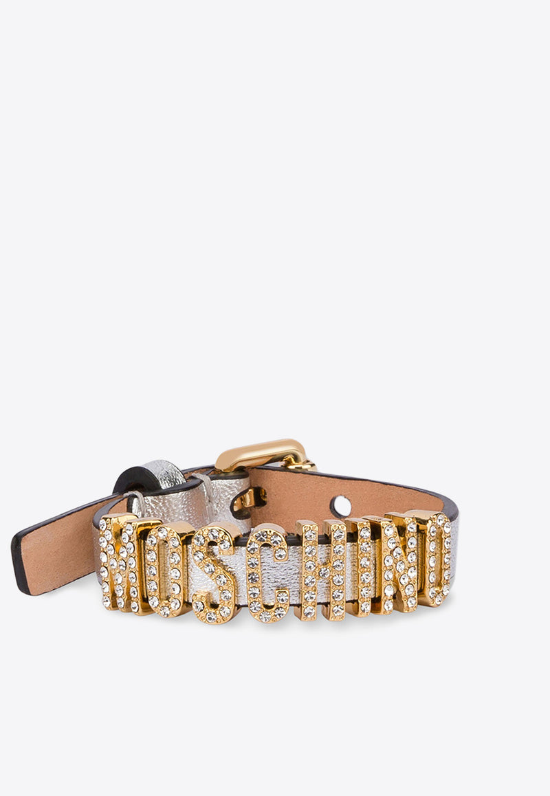 Moschino Crystal Embellished Logo Metallic Leather Bracelet A7756 8011 1600 Silver