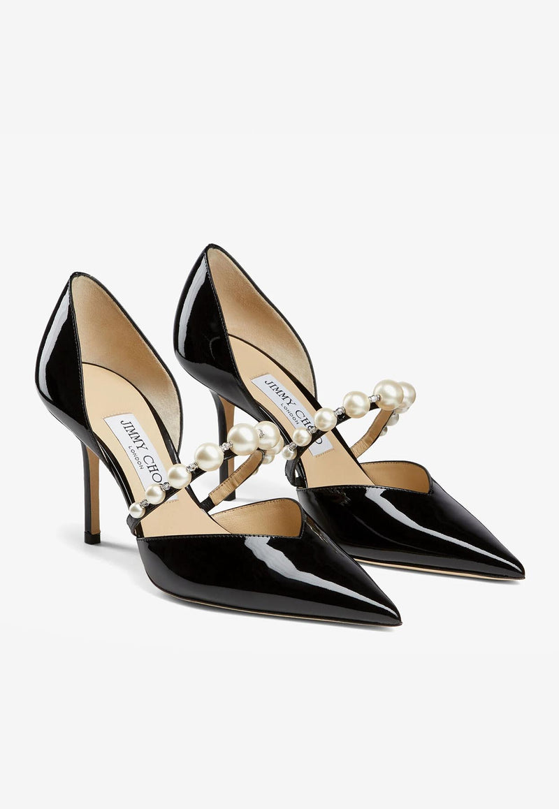 Jimmy Choo Aurelie 85 Pearl Embellished Pumps in Patent Leather Black AURELIE 85 XKM BLACK/WHITE