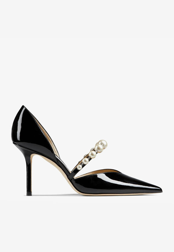 Jimmy Choo Aurelie 85 Pearl Embellished Pumps in Patent Leather Black AURELIE 85 XKM BLACK/WHITE