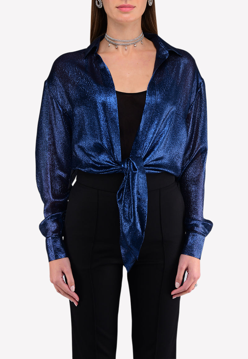 Silk-Blend Metallic Lurex Tie-up Crop Shirt