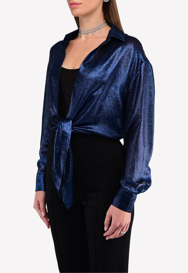 Silk-Blend Metallic Lurex Tie-up Crop Shirt