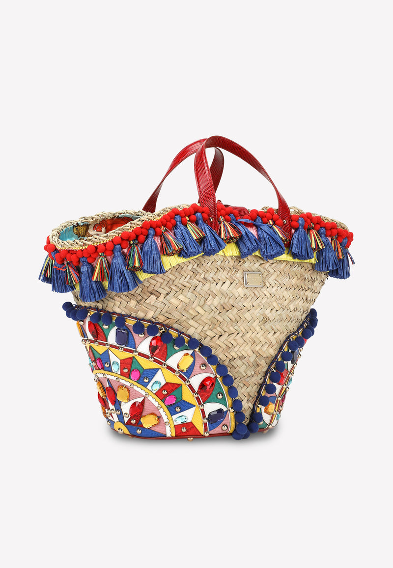 Dolce 
Gabbana Kendra Tassel Embellished Straw Tote Bag Multicolor BB5888 AJ735 8I328