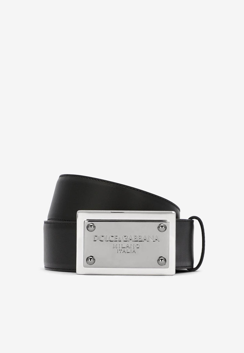 Dolce 
Gabbana Logo Plate Calfskin Belt Black 