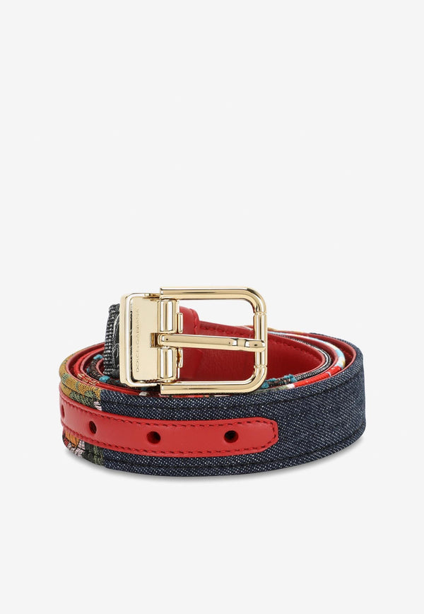 Printed Denim Belt with Leather Finish