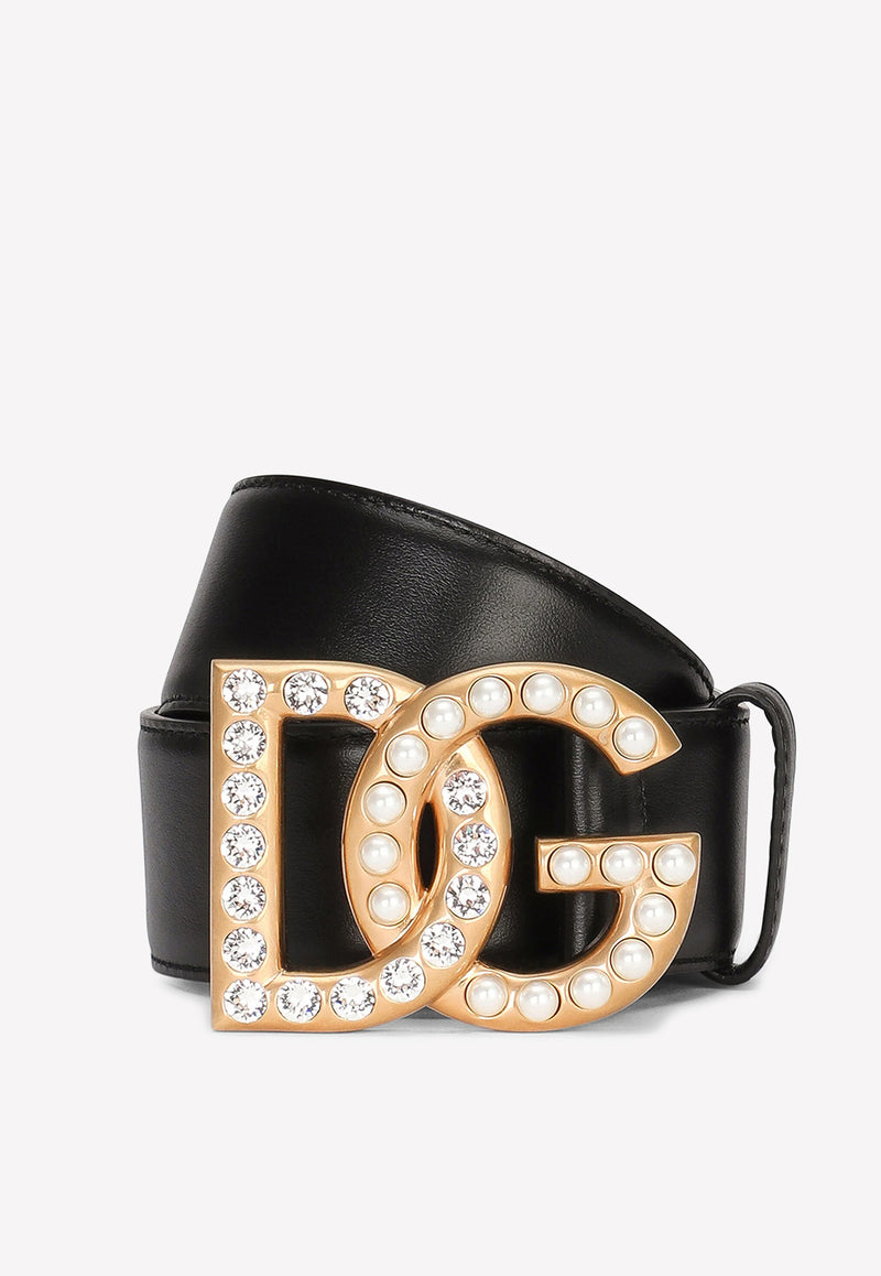 Dolce 
Gabbana Rhinestones and Pearls Embellished DG Logo Belt Black BE1446 AQ339 8S574