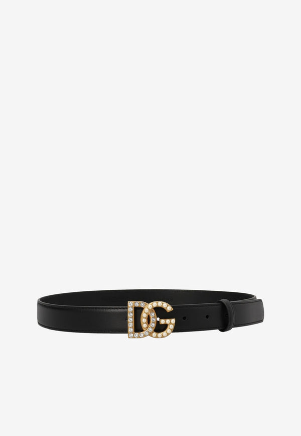 Dolce 
Gabbana Embellished DG Logo Buckle Belt in Calf Leather BE1577 AQ339 8S574 Black