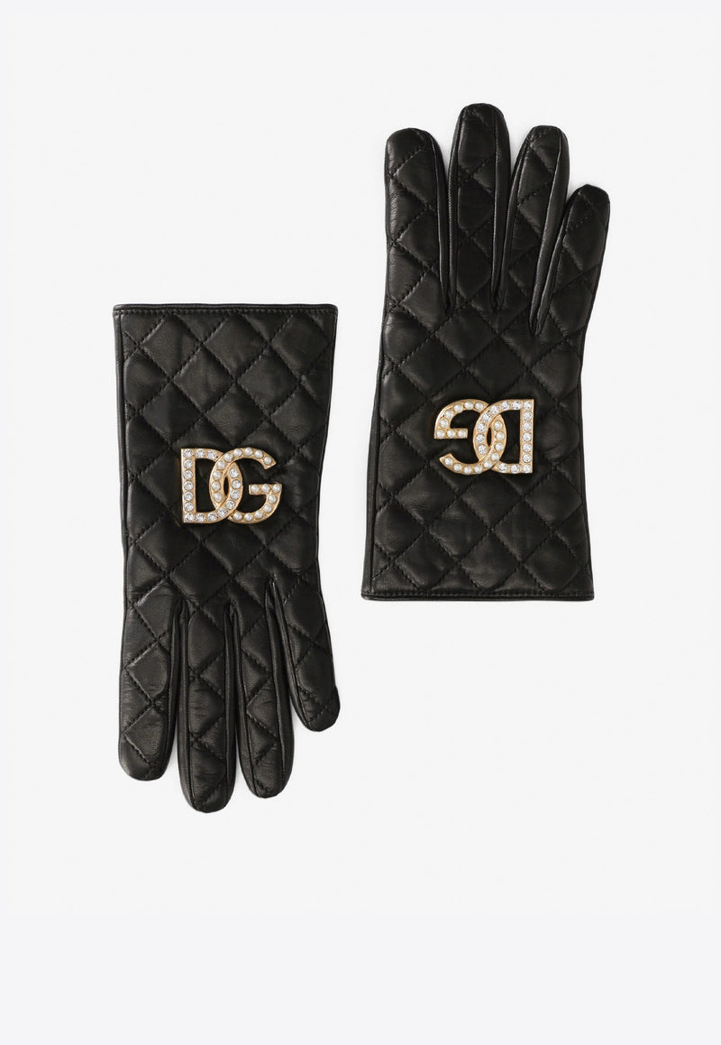 Dolce 
Gabbana DG Logo Quilted Nappa Leather Gloves Black BF0170 AQ220 8S070