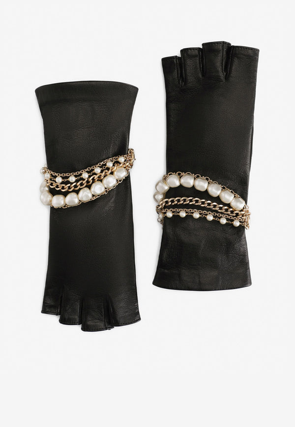 Dolce 
Gabbana Leather Gloves with Bejeweled Bracelet Embellishment BF0182 AQ215 8S070 Black