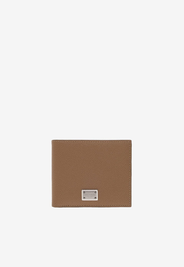 Dolce 
Gabbana Logo Plate Leather Bi-Fold Wallet Caramel 