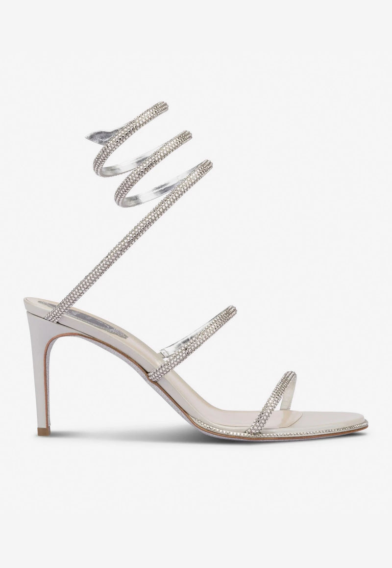 Rene Caovilla Cleo 80 Crystal Embellished Wraparound Sandals Grey C10416-080-R001V232 GREY SATIN/C.SILVER SHADE