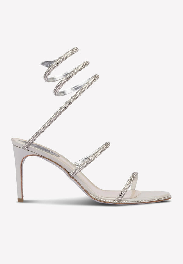 Rene Caovilla Cleo 80 Crystal-Embellished Wraparound Sandals Gray C10416-080-R001V232 GREY SATIN/C.SILVER SHADE STR