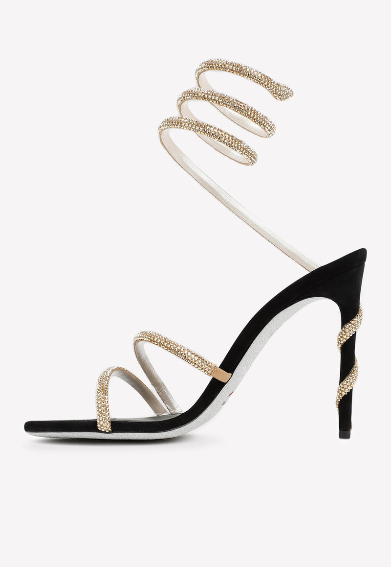 Rene Caovilla Margot 105 Crystal-Embellished Sandals Black C11339-105-R001V184 GOLD SAT-BLACK SUEDE/MET SUN