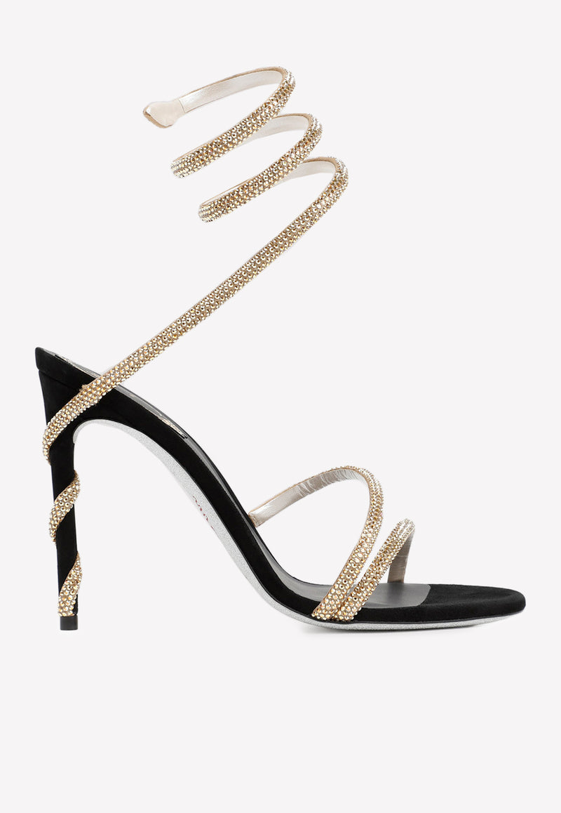 Rene Caovilla Margot 105 Crystal-Embellished Sandals Black C11339-105-R001V184 GOLD SAT-BLACK SUEDE/MET SUN