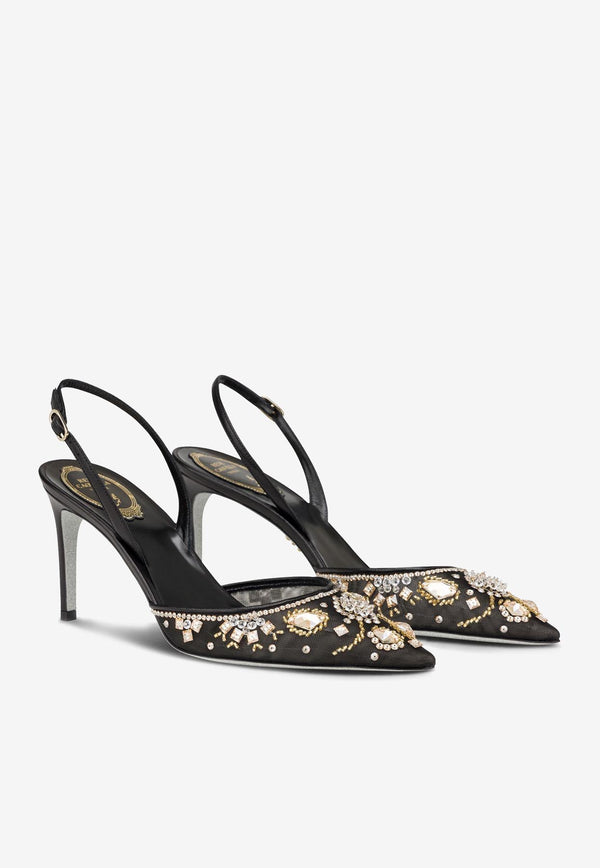 Rene Caovilla Aretha 80 Slingback Mesh Pumps Black C11737-080-PI01Z001 BLACK NET-LAMB/GOLDEN STONES