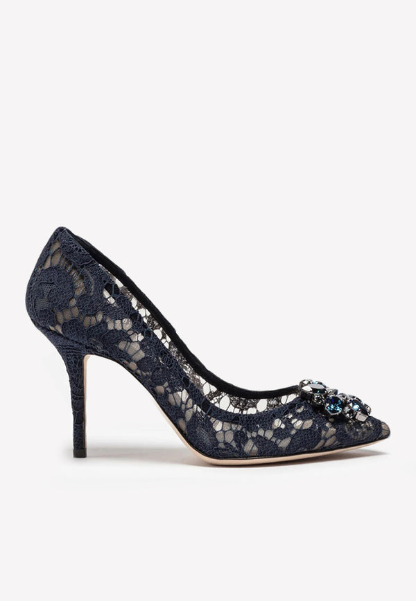 Dolce 
Gabbana Bellucci 90 Crystal Embellished Pumps in Taormina Lace Blue CD0101 AL198 80652