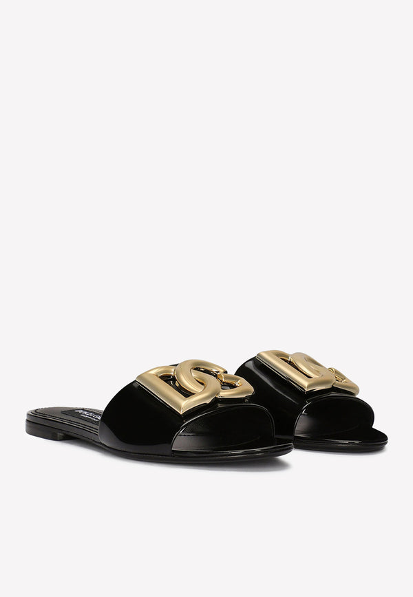 Dolce 
Gabbana DG Logo Slides in Polished Calf Leather CQ0455 A1037 80999 Black