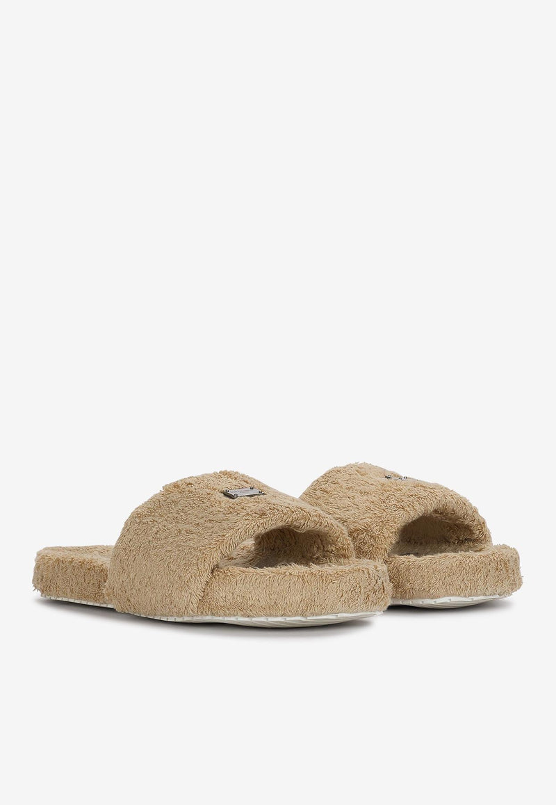 Dolce 
Gabbana Terrycloth Slides with Logo Plate Beige 