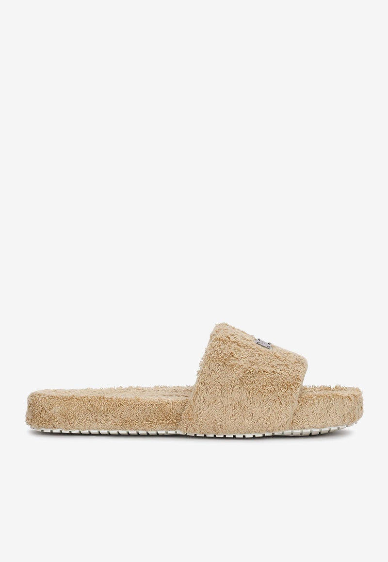 Dolce 
Gabbana Terrycloth Slides with Logo Plate Beige 