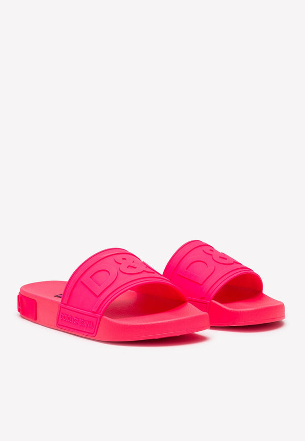 Dolce 
Gabbana D&G Logo Fluorescent Rubber Beach Slides Pink CW0141 AX756 8J407