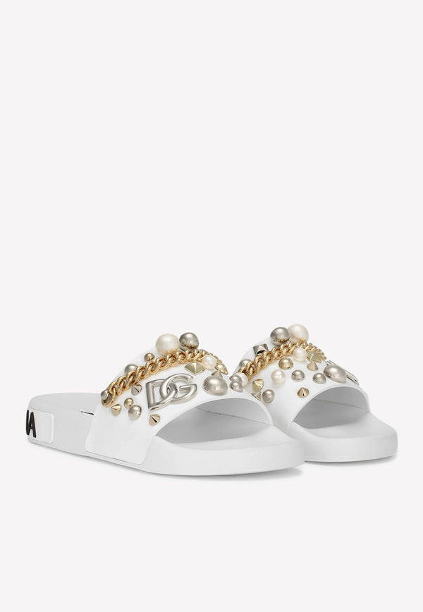 Dolce 
Gabbana Bejeweled Appliqués Beachwear Slides in Rubber White CW1990 AY082 80001